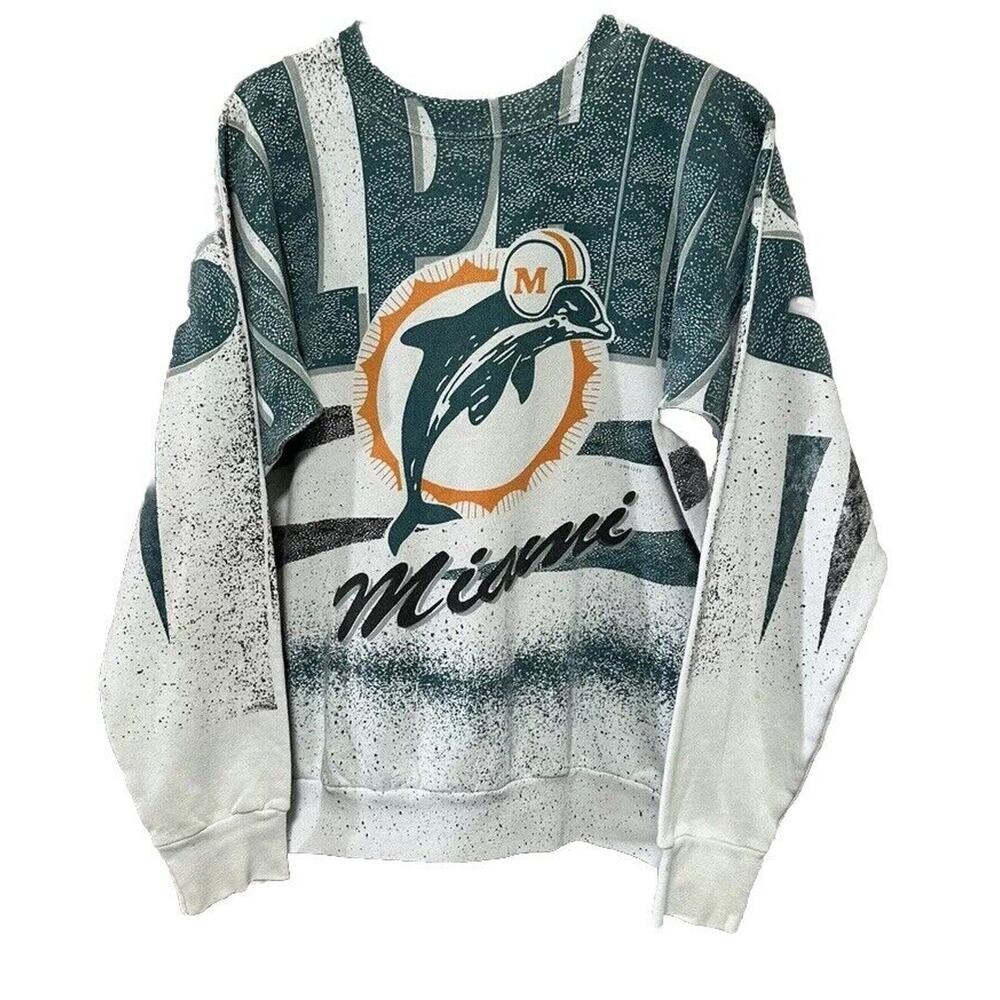 Vintage Miami Dolphins Sweater L Pullover Crewneck AOP Football NFL